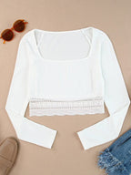 Solid Color Lace Hem Square Neck Crop Long Sleeve Knit