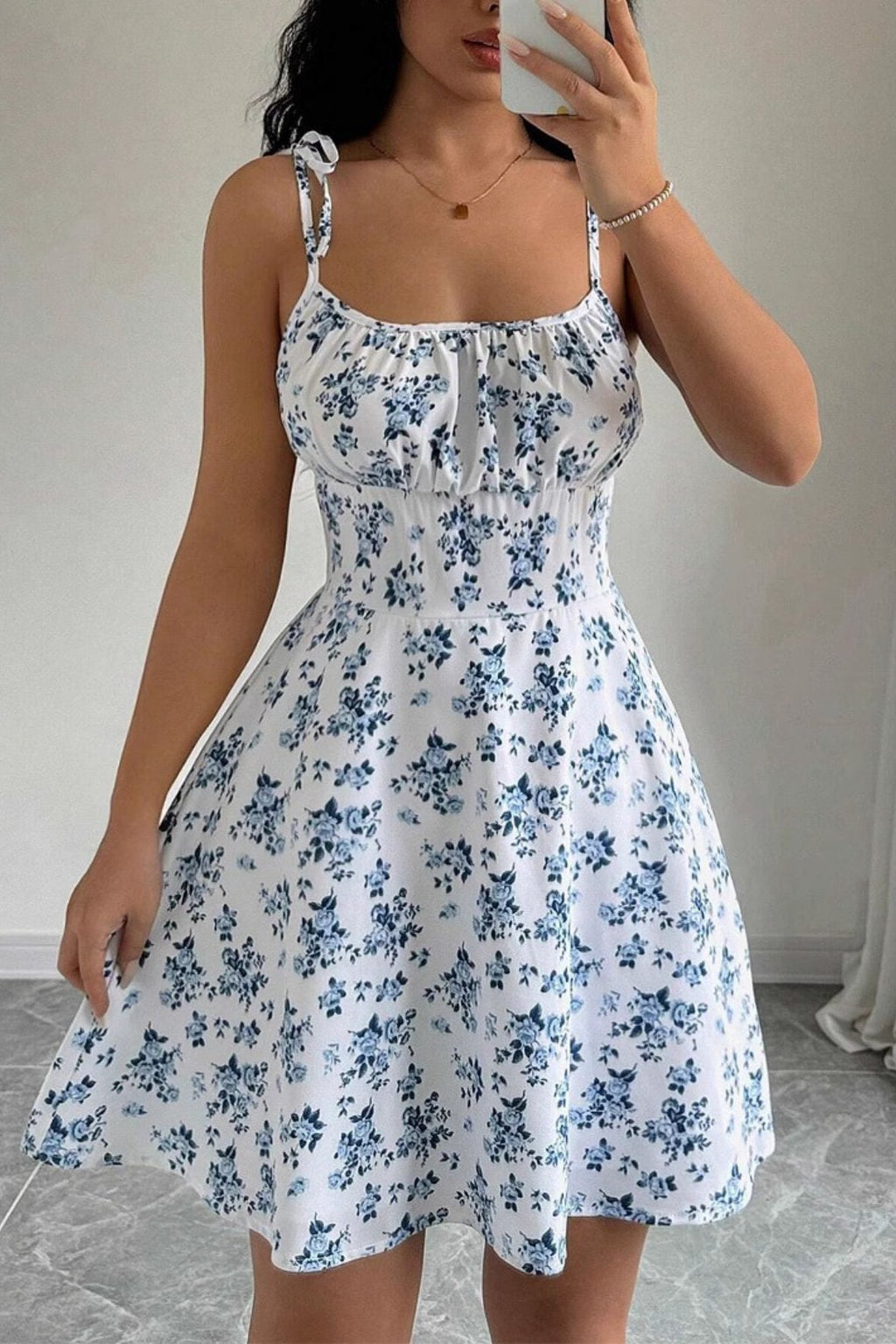 Square Neck Tie Shoulder Ruched Bust Ditsy Floral A-Line Mini Dress