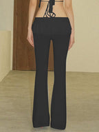 Solid Ruffled Trim Tie Up Flare Leg Pants