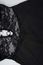 Black Deep V Neck Ring Hardware Floral Lace Panel Bodycon Midi Dress