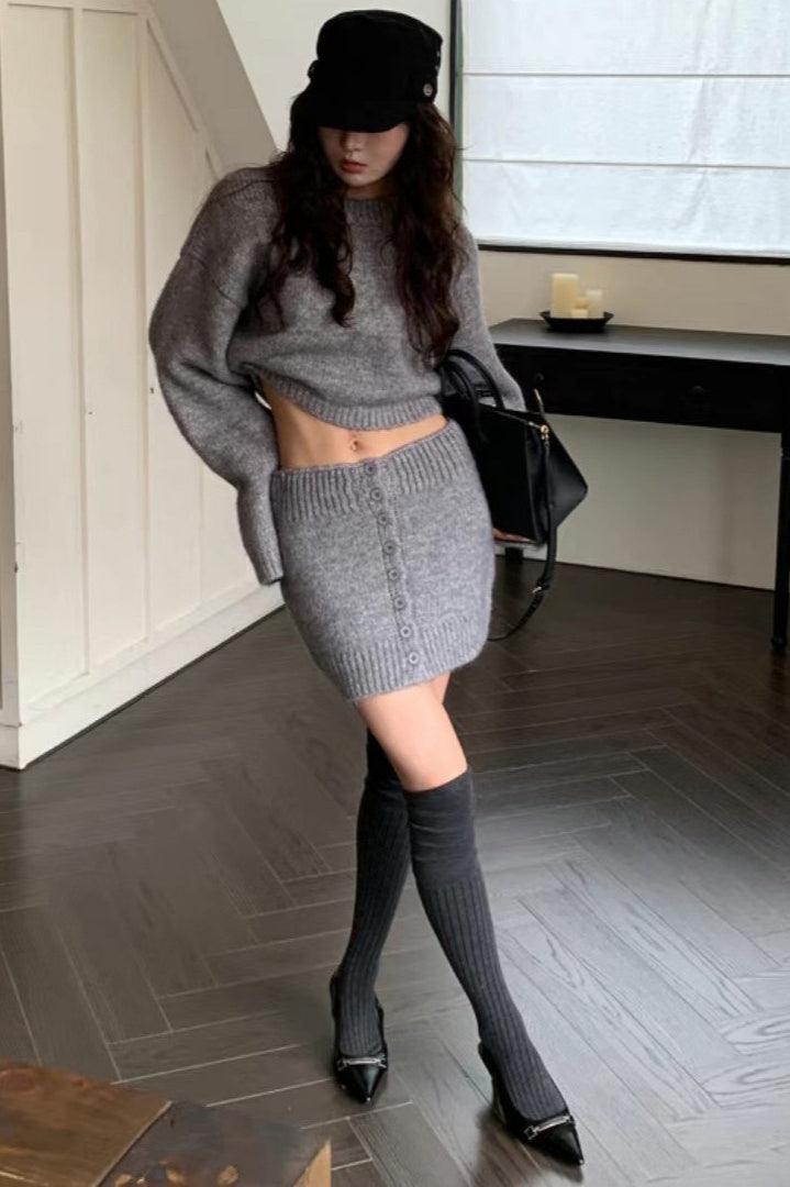 Short Fitted Knit Round Neck Slim Two Piece Set