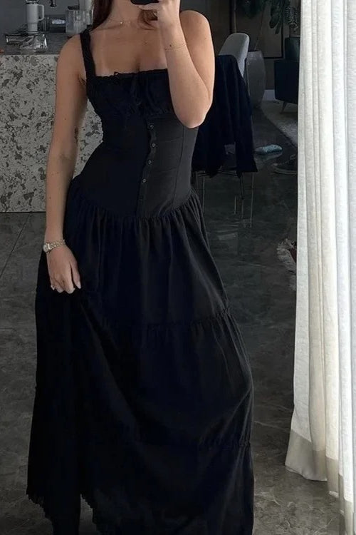 Cotton Square Neck Ruffle Trim Corset Button Front Tiered Ruffle Maxi Dress