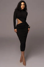 Mock Neck Long Sleeve Side Cutout Ruched Bodycon Midi Dress