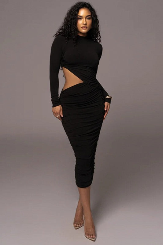 Mock Neck Long Sleeve Side Cutout Ruched Bodycon Midi Dress