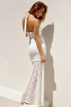 Halter Neck Ruched Lace Panel High Thigh Slit Maxi Dress