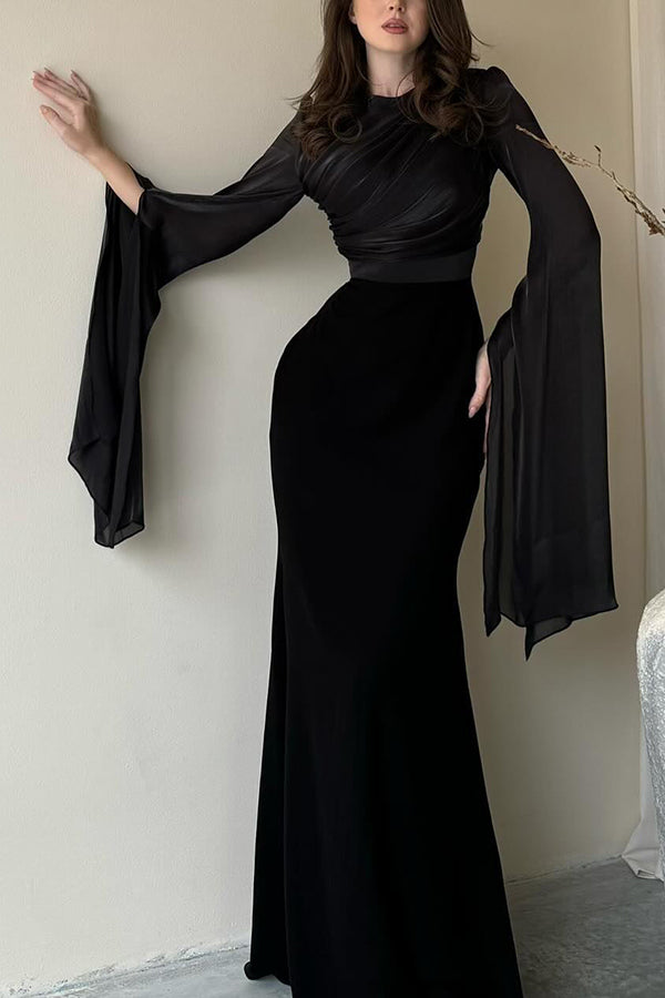 Satin Ruched High Neck Bell Sleeve Slit Mermaid Maxi Gown