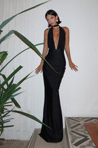 Halter Neck Deep V Ruched High Slit Maxi Dress