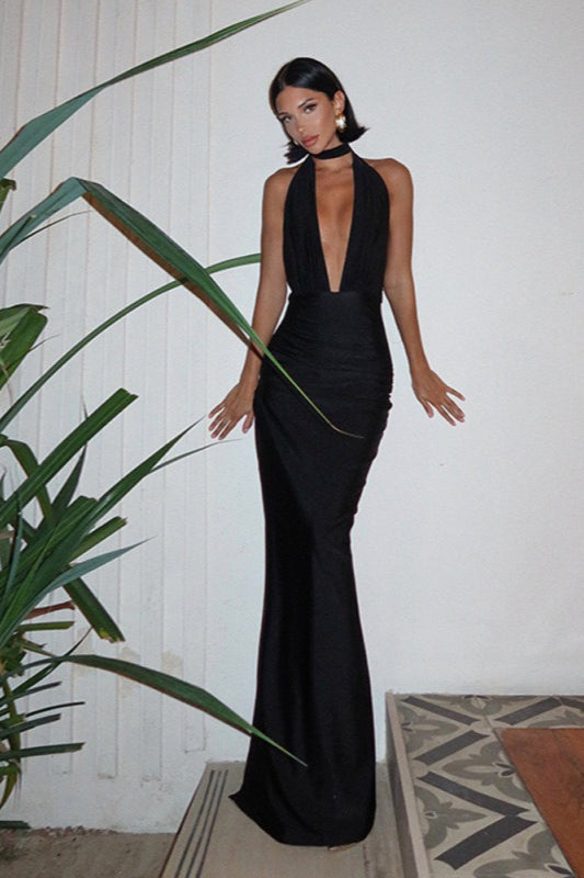 Halter Neck Deep V Ruched High Slit Maxi Dress