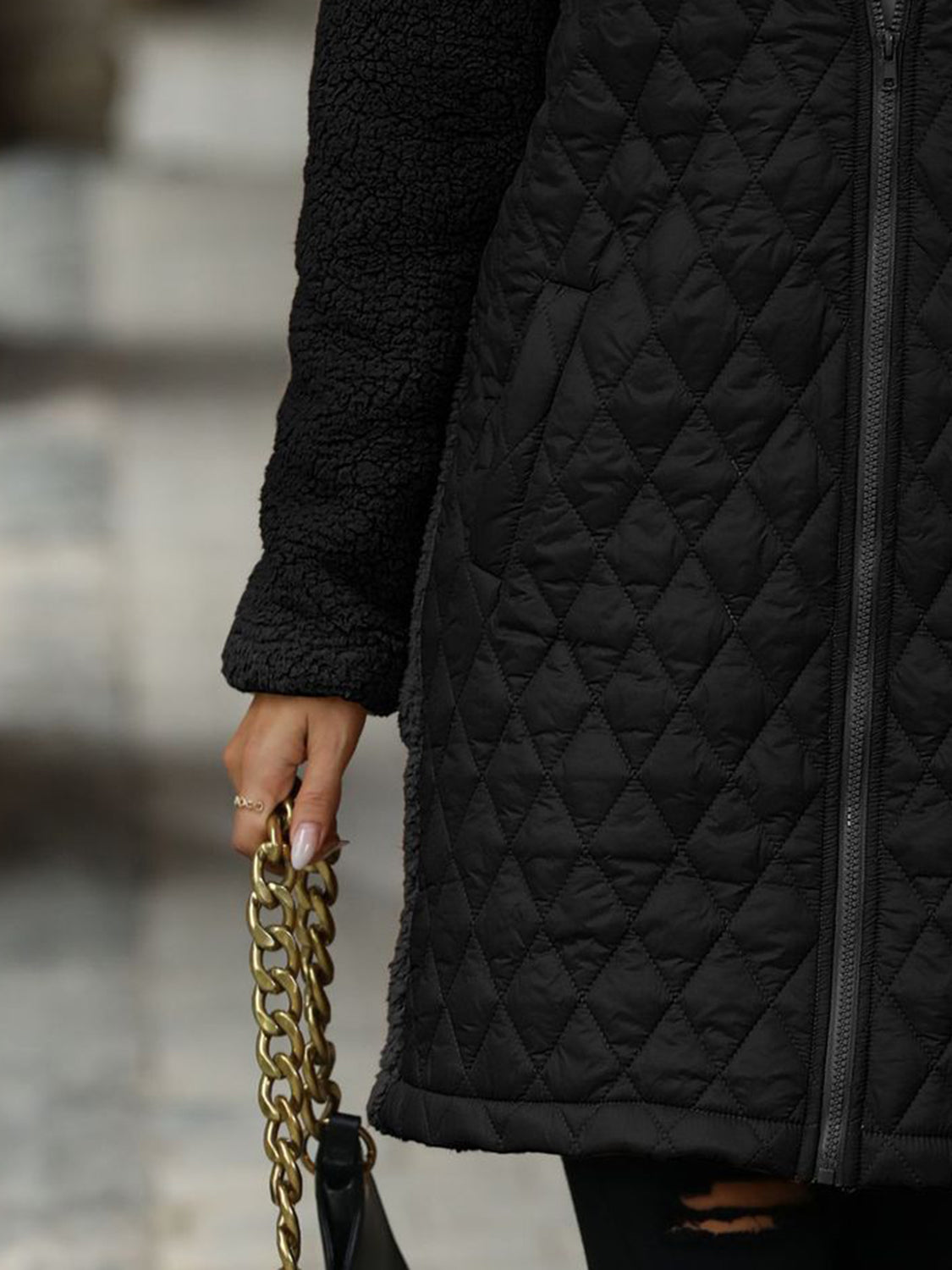 | Structured long-sleeved zip-up hooded coat