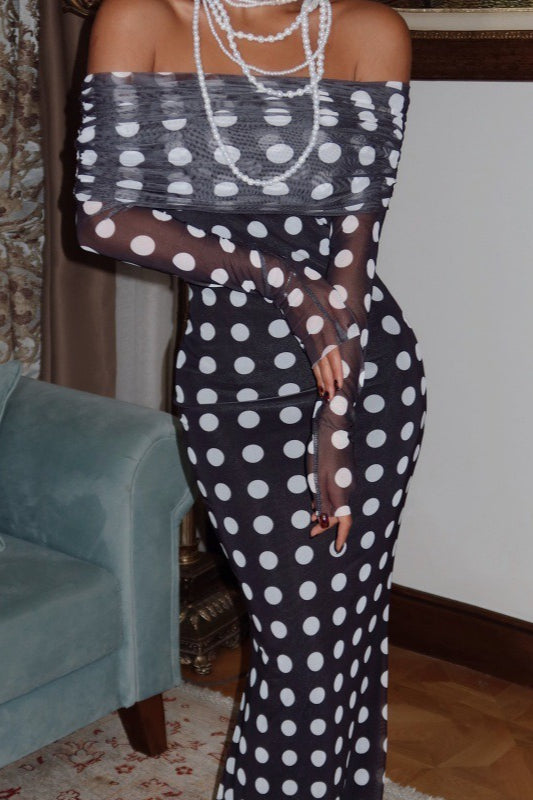 Black Polka Dot Strapless Bodycon Maxi With Side Slit Dress