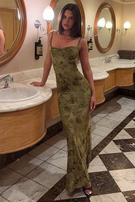 Green Spaghetti Strap Backless Chain Detail Burnout Floral Mesh Maxi Dress