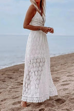 White Lace V-Neck Hollow With Side Slit Dress
