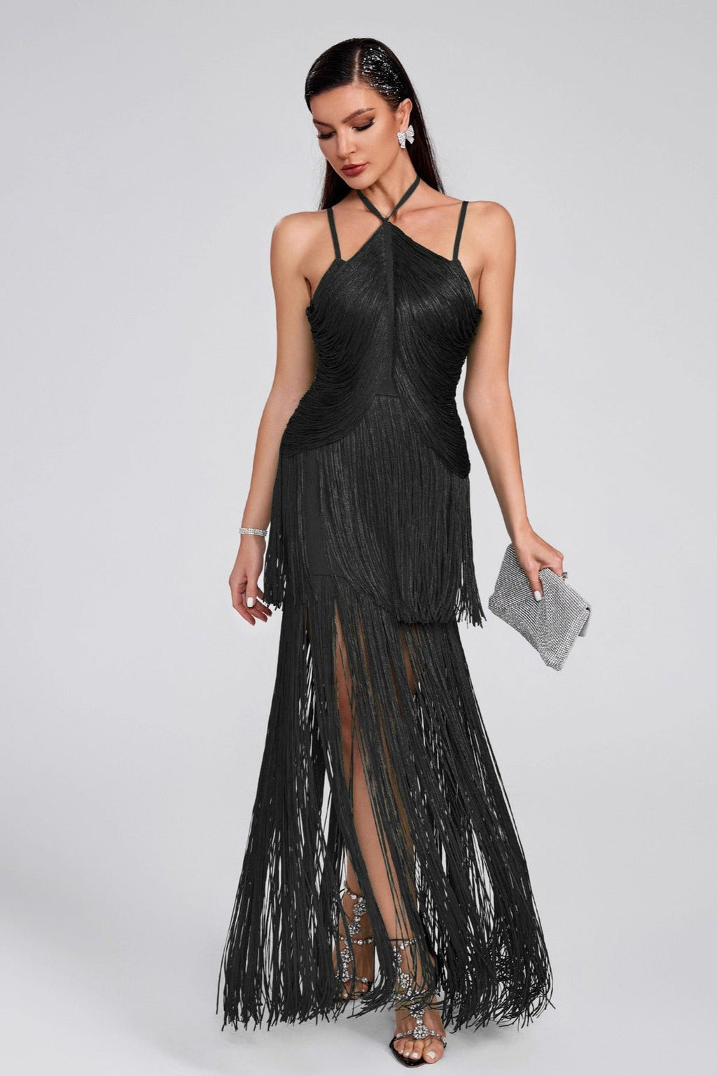 Halter Spaghetti Strap Tiered Fringe Maxi Dress