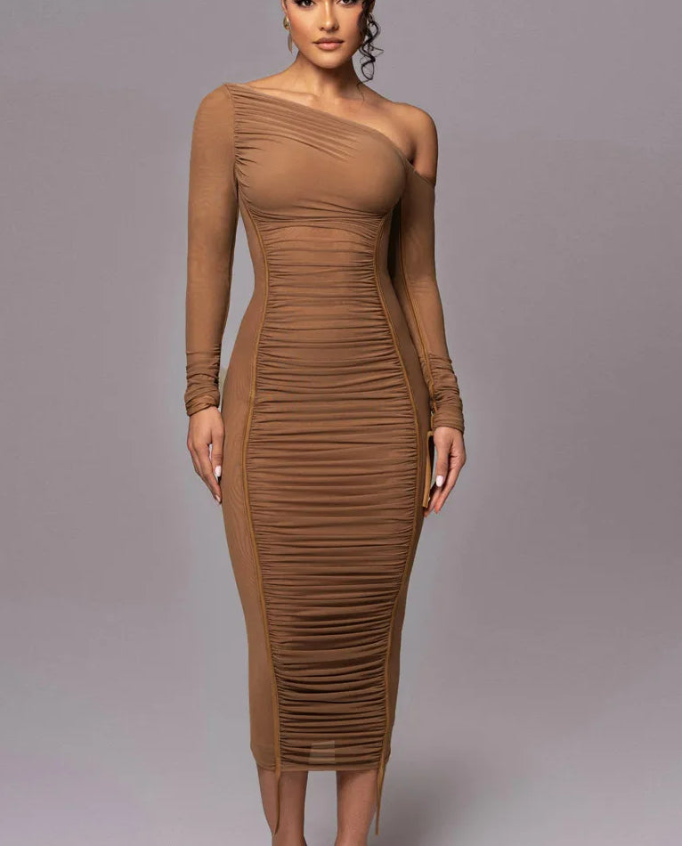 One Shoulder Ruched Mesh Contrast Piping Maxi Dress