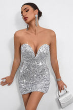 White Deep V Strapless Sequin Mini Dress
