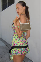 Floral Print Lace Trim Bustier Mesh Panel Bow Ruffle Hem Mini Dress