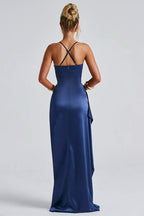 Satin Spaghetti Strap Ruched Drape High Split Bodycon Maxi Mini Dress