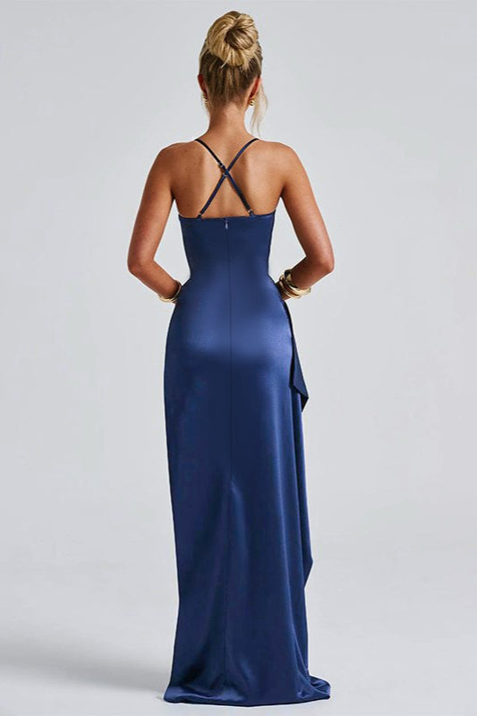 Satin Spaghetti Strap Ruched Drape High Split Bodycon Maxi Mini Dress