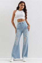 Washed Blue Ripped Patchwork Raw Hem Slim Fit Flare Jeans