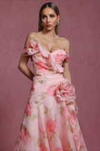 Pink Off Shoulder Sweetheart 3D Applique Floral Print A-Line Maxi Dress