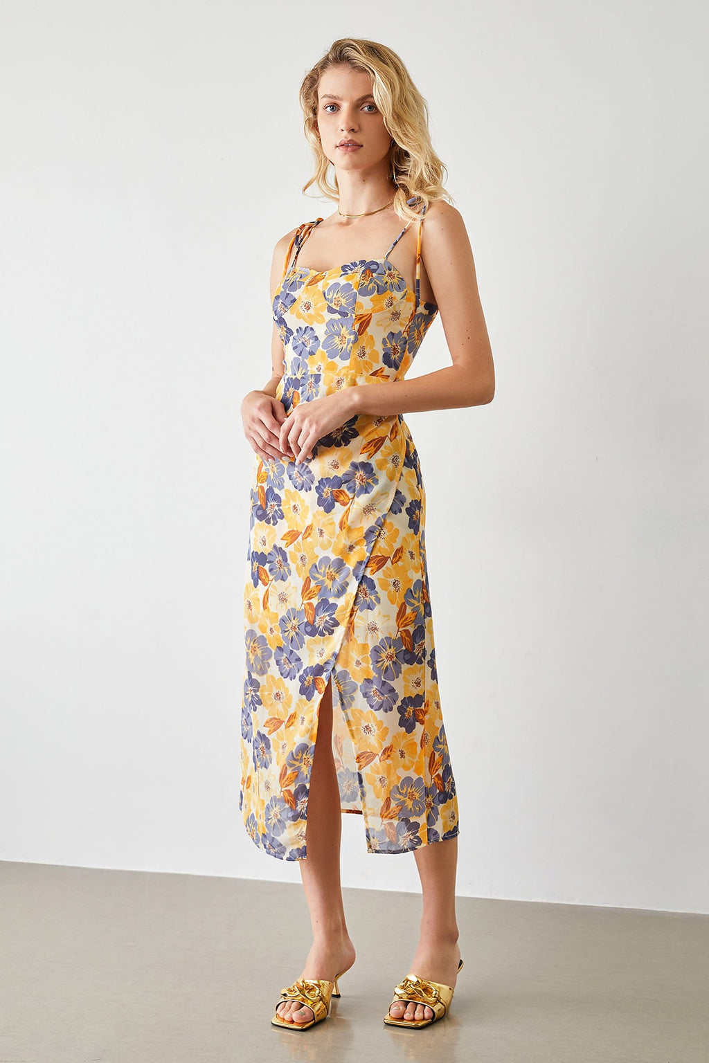 Tie Shoulder Floral Bustier Sweetheart Side Slit Midi Dress