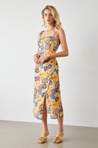 Tie Shoulder Floral Bustier Sweetheart Side Slit Midi Dress