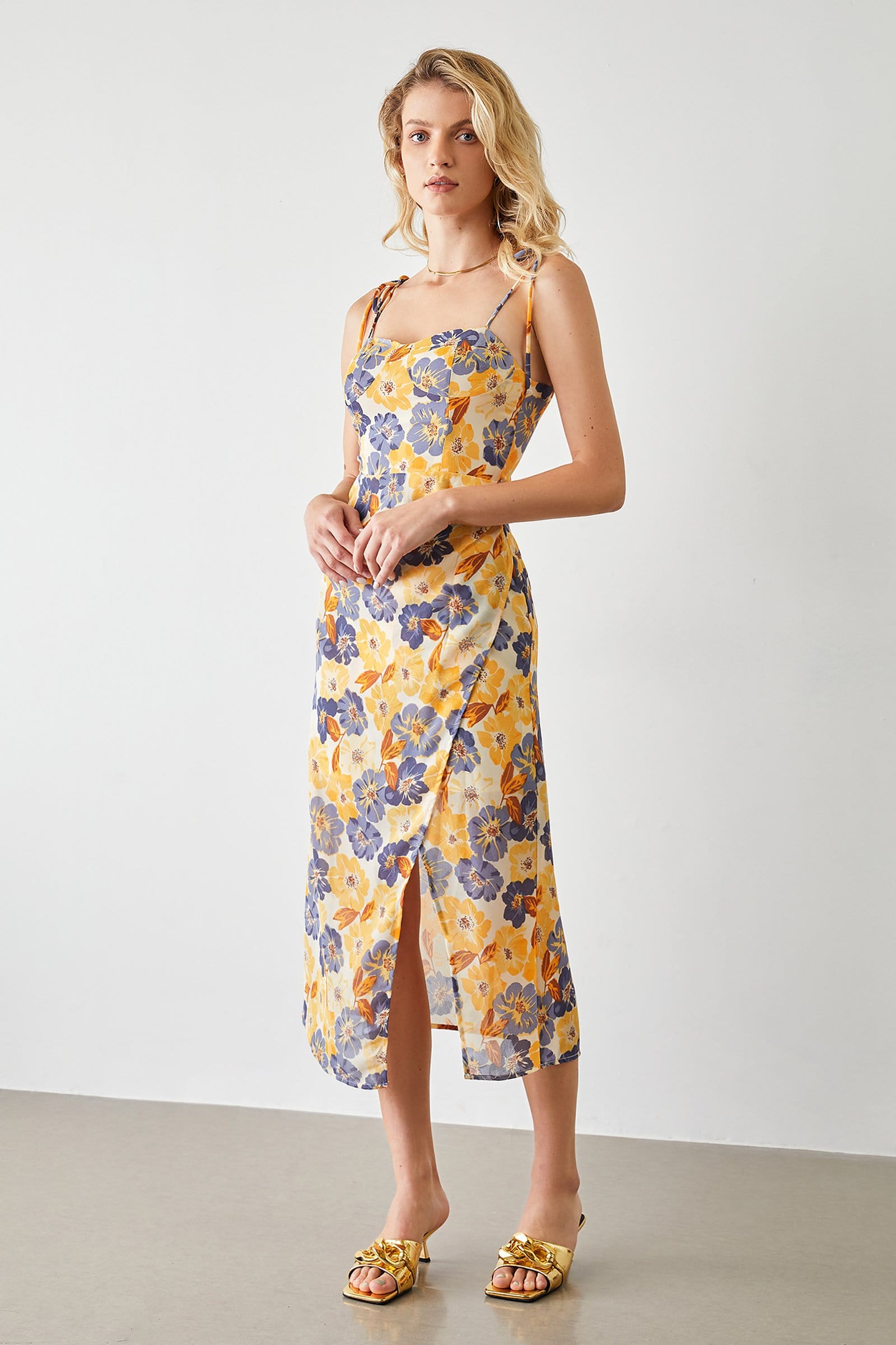 Tie Shoulder Floral Bustier Sweetheart Side Slit Midi Dress