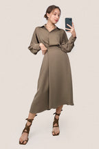 Surplice Pleat Detail Long Sleeve Collar Blouse and A-Line Midi Skirt Set