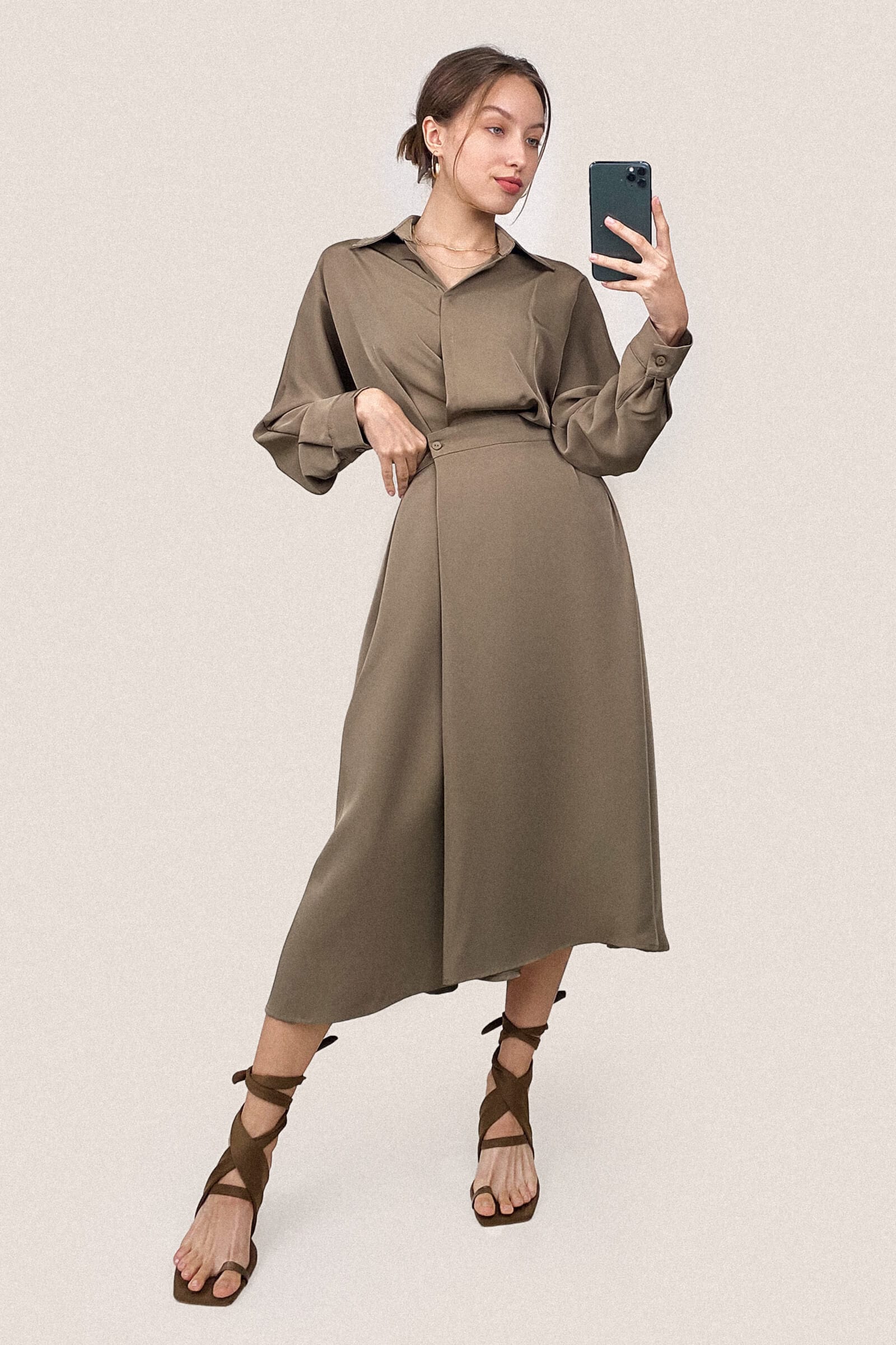 Surplice Pleat Detail Long Sleeve Collar Blouse and A-Line Midi Skirt Set
