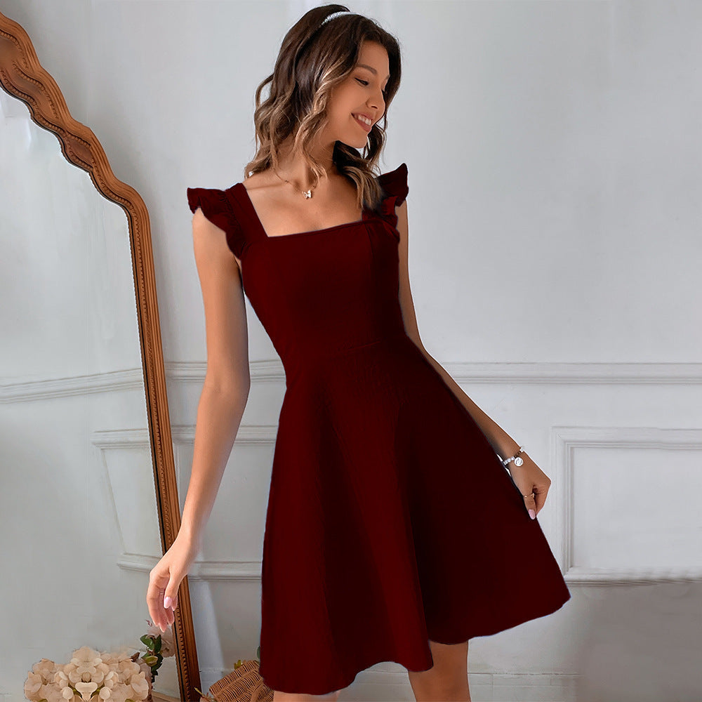 Square Neck Ruffle Shoulder Strap Back Bow Tie Fit and Flare Mini Dress