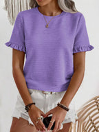 Textured Ruffle Sleeve Round Neck T-Shirt