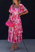 Floral Print Square Neck Cape Sleeve Cut Out Waist Tiered Maxi Dress
