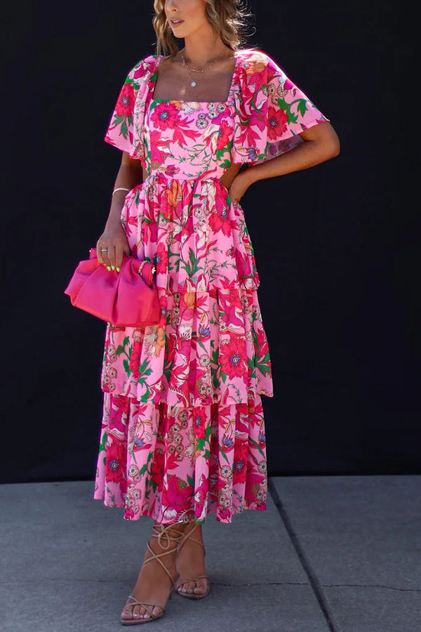 Floral Print Square Neck Cape Sleeve Cut Out Waist Tiered Maxi Dress