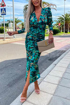 Deep V Neck Long Sleeve Ruched Slit Printed Bodycon Dress