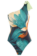 Bow One Shoulder One-piece Swimsuit Ruffle Cover Up Skirt Printed Set