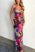 Halter Open Back Printed Stretchy Maxi Bodycon Dress