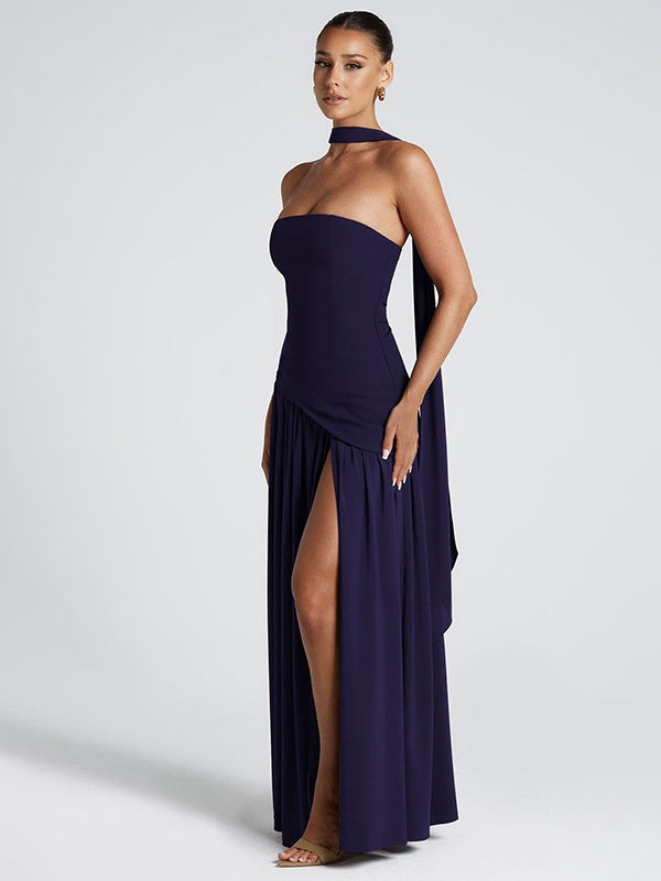 Strapless, Fitted, Solid Color, Open Back, Elegant Long Dress With Ribbons