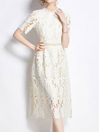 Water-soluble Lace Short-sleeved Slim-fit Midi Dress