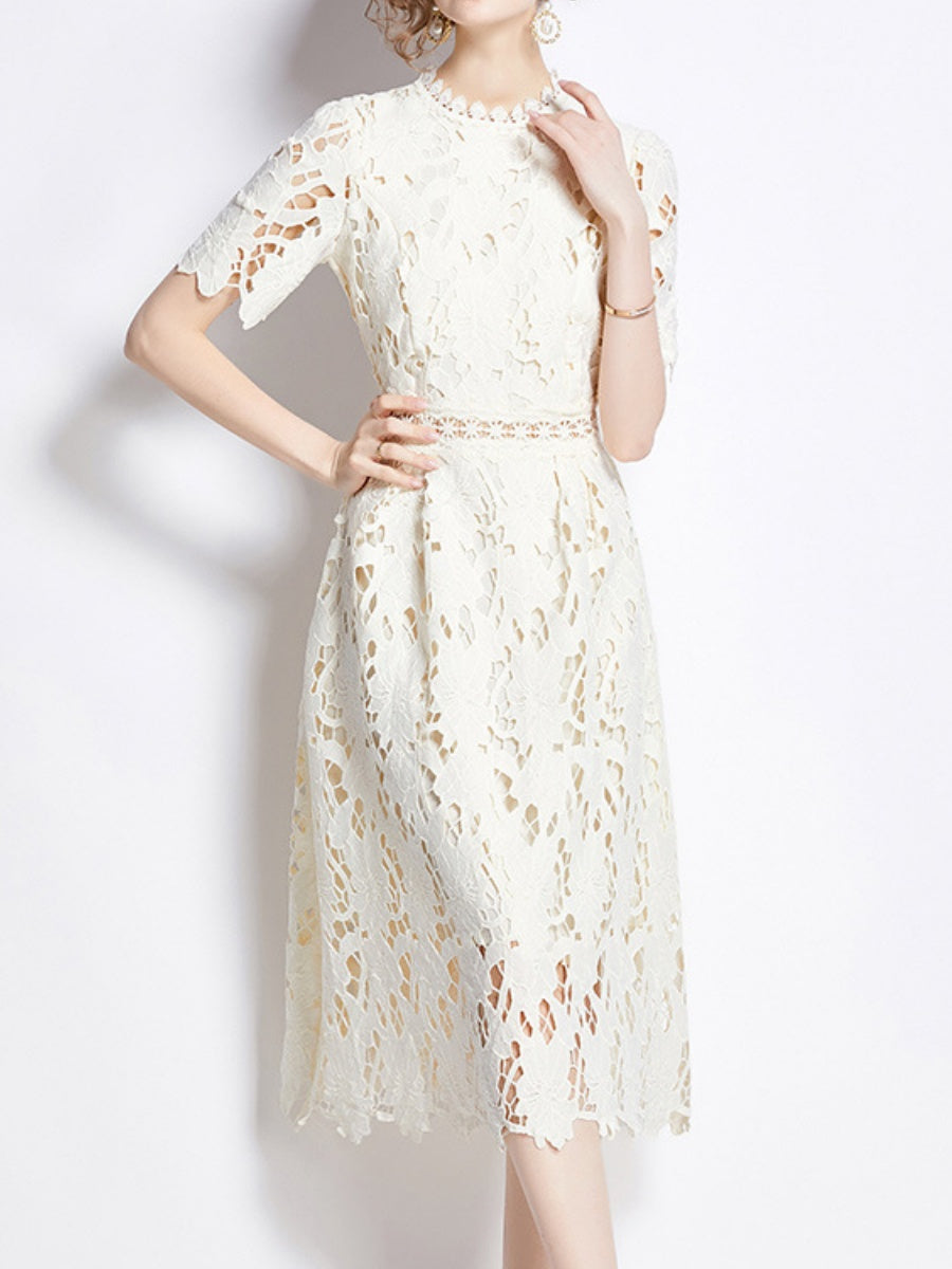 Water-soluble Lace Short-sleeved Slim-fit Midi Dress