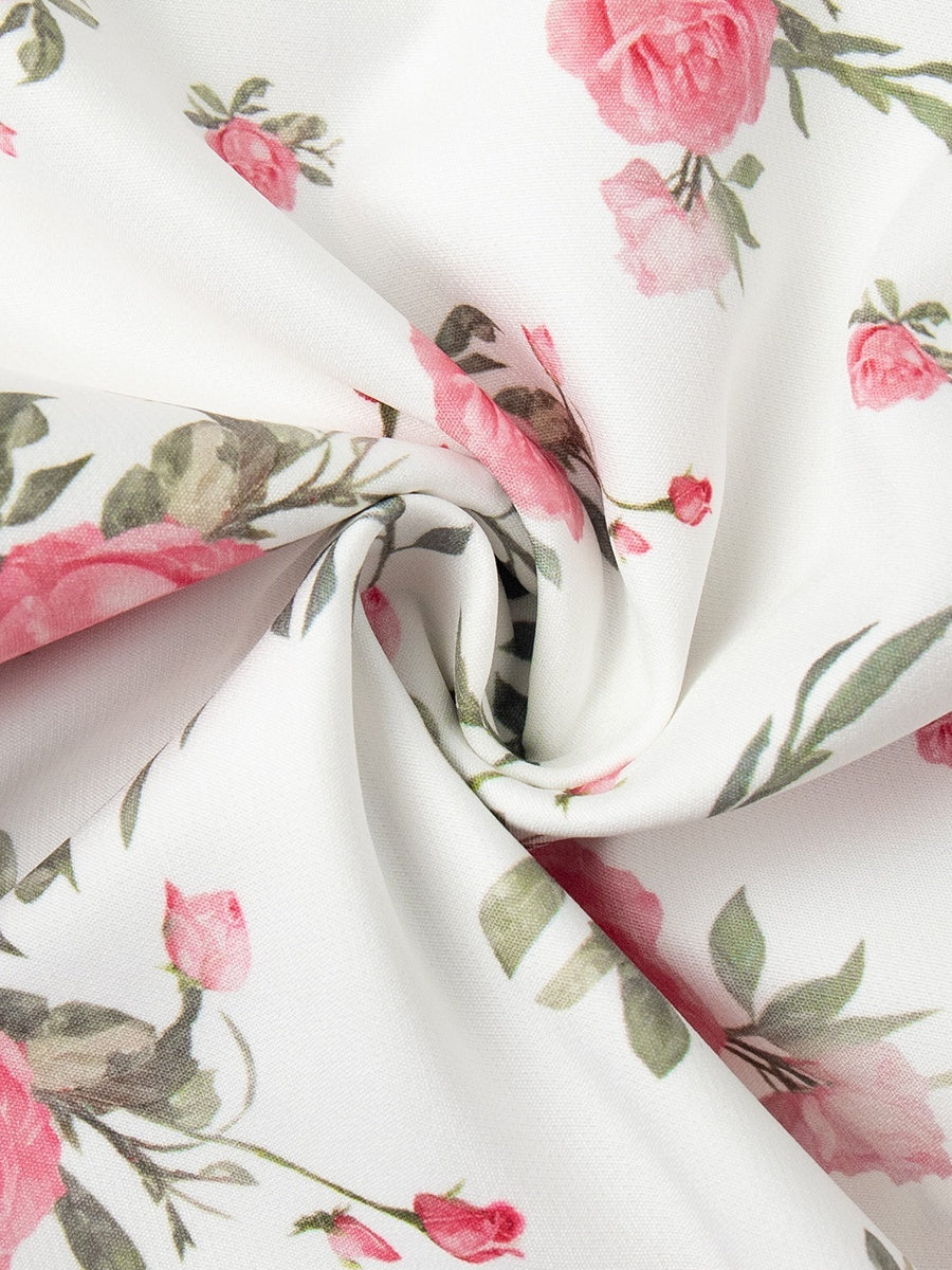 Waist Printed Floral Lapel Puff Sleeve Sweet Mini&Short Dresses