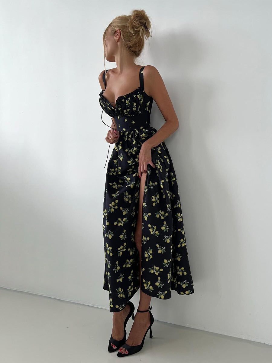Floral Printed Camisoles High Waist Slit Maxi Dresses