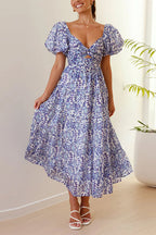 V Neck Twist Front Cut Out Waisted Floral Maxi Ruffle Dress