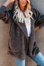 Open Front Hoodied Fuzzy Outwear with Pockets