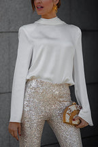 Cowl Back Long Sleeves Satin Top