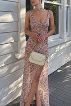Sleeveless Open Back Slit Floral Print Maxi Flowy Dress
