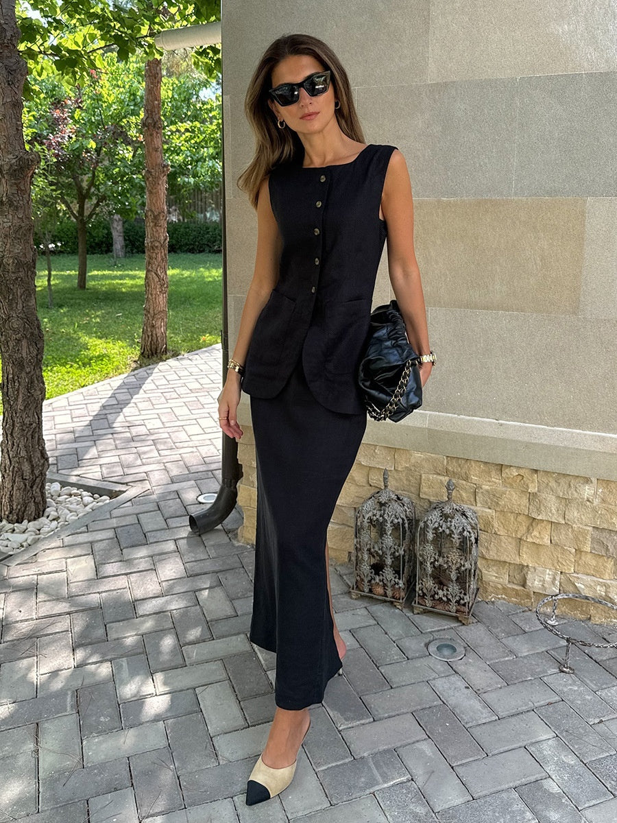 Flax High-waisted Sleeveless Vest Skirts Set 2-piece Sets