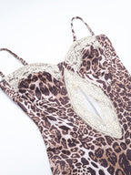 Lace-trimmed Leopard Print Slit Halter Dress
