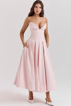 Strapless Plunging V-Neck Corset Bodice Box Pleat A-Line Midi Dress