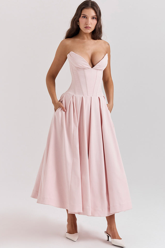 Strapless Plunging V-Neck Corset Bodice Box Pleat A-Line Midi Dress