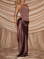 Satin Tie Ribbon Off-shoulder Sexy Strapless Bodycon Maxi Dress With Cinched Waist